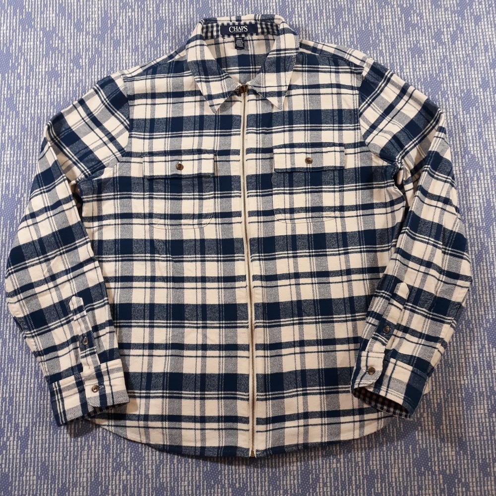 Chaps Full Zip Flannel Shirt Jacket Collared Mens Large Plaid Blue